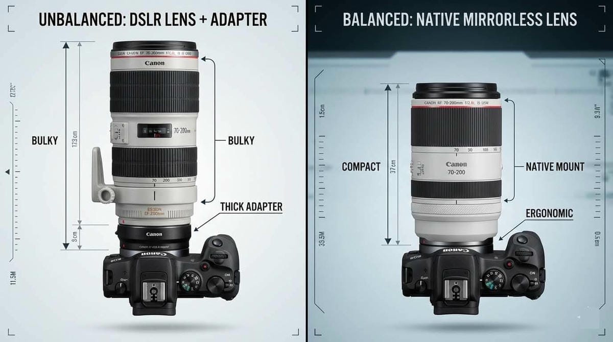 台中相機店比較轉接環與原生鏡頭差異 / Comparing lens adapter vs native lens at Taichung camera store.